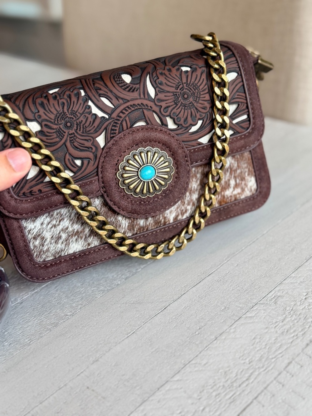 Trinity Ranch Cowhide Floral Cutout Crossbody Bag Coffee